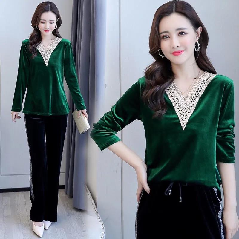 Women Sexy V-neck Golden velvet Office Blouse Elegant Long Sleeve Wild Basic Shirts Vintage Casual Ladies Top Spring Fall Pullover