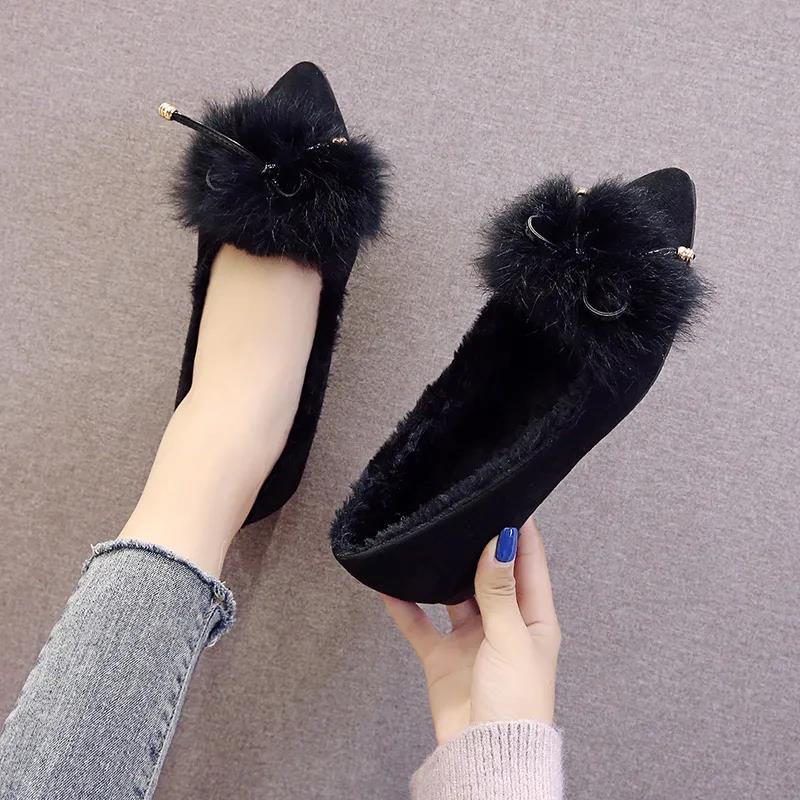 Temperament Plush Shoes Women Winter Moccasin Shoes All-match Autumn Flat Single Shoes Plus Velvet Pedal Peas Shoes