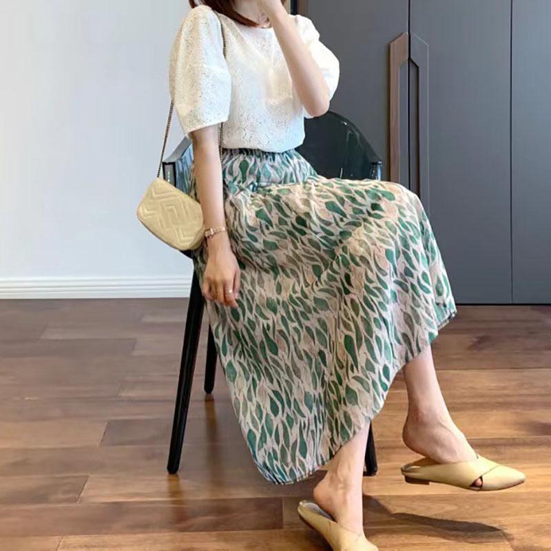 Woman Skirts Summer Breathable A-line Skirts Loose Casual Mid-length Skirt Female Elastic High Waist Printed Skirt