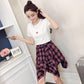 Women Summer Casual Suit Skirt Female Vintage Short Sleeve T-shirt Two High Waist Irregular Lattice Skirt Set