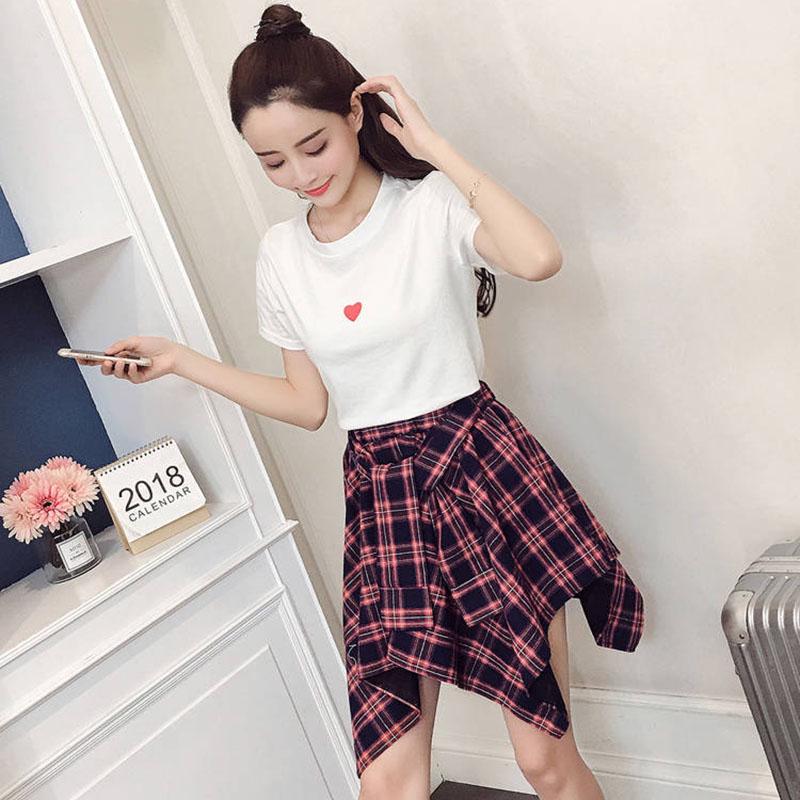 Women Summer Casual Suit Skirt Female Vintage Short Sleeve T-shirt Two High Waist Irregular Lattice Skirt Set