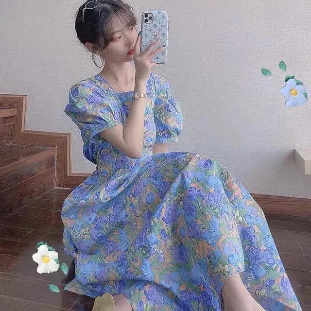 Female Vintage High Waist Super Fairy Holiday Dress Elegant Slim Floral Print Pleated Vacation Dress