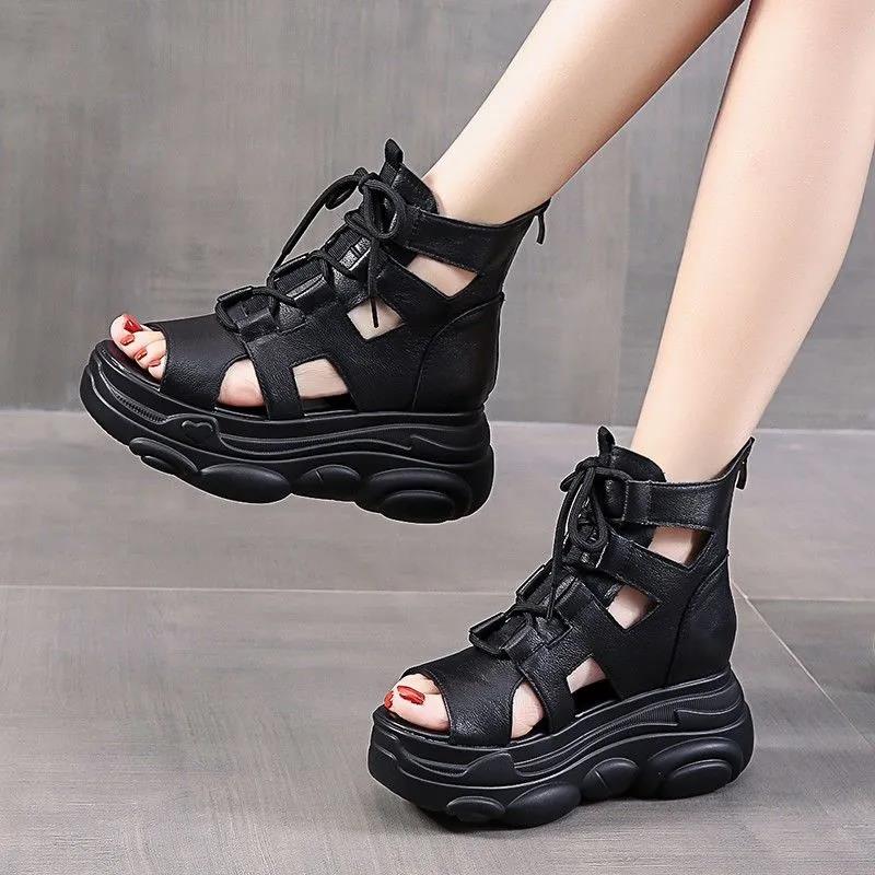 Fish Mouth Sandals Fashion Women's Boots with Increased Slope Heels Summer All-match Thick-soled Sponge Cake Roman Beach Shoes