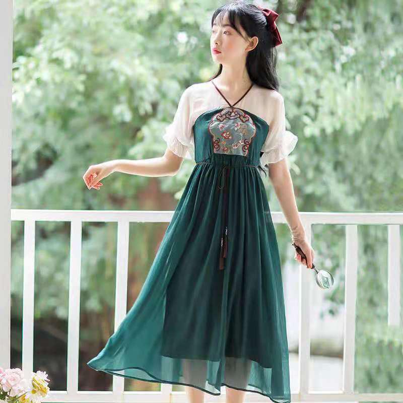 Summer Daily Improved Version of Hanfu Dress Female Embroidery Han Elements Literary Retro Mid-length Skirt Fairy