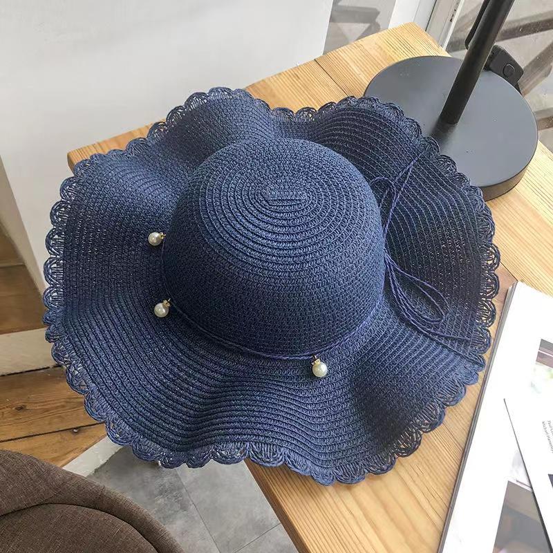 Women's Summer Pearl Wavy Straw Cap Wide Brim Hat Sunscreen Sun Hat Anti-ultraviolet Sun Cap Large Edge Beach Hat