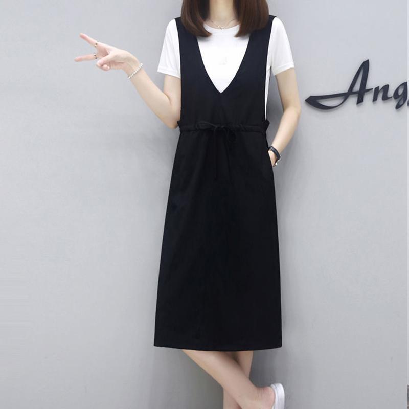 Cotton Top Dress Female Mid-length Suspender Skirt Suit Loose and Thin Two-piece Round Neck Short-sleeved T-shirt + Suspender Skirt