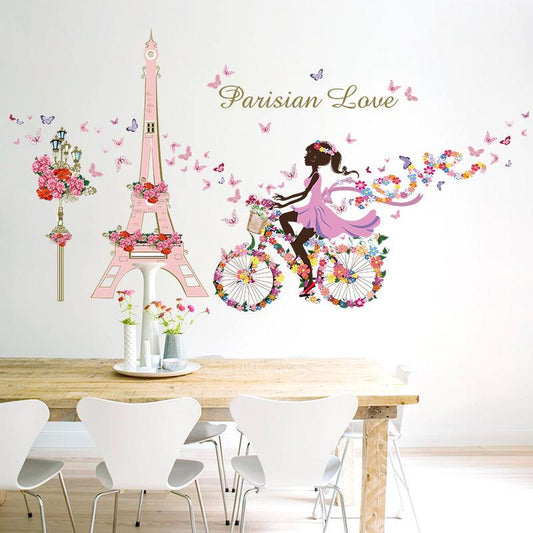 Flower Fairy Bicycle Tower Girl Bedroom Living Room Cafe Decoration Wall Sticker