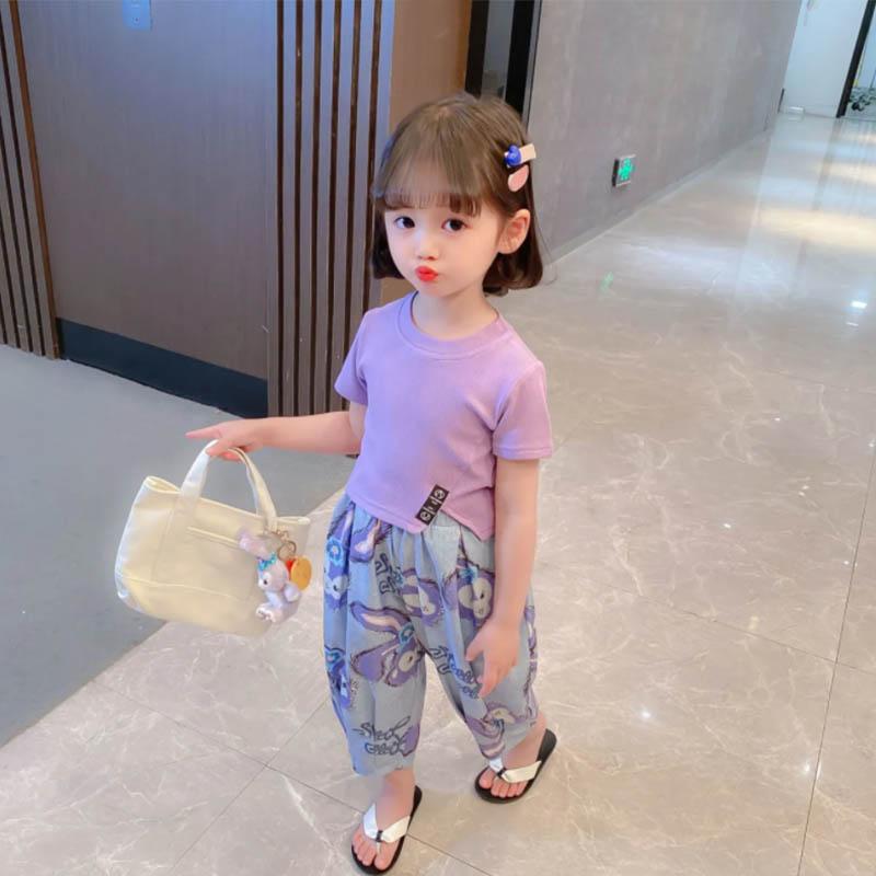 Girls Suit Breathable Summer Dress Short-sleeved Cartoon Print Casual Cute Loose Trousers Two-piece Set