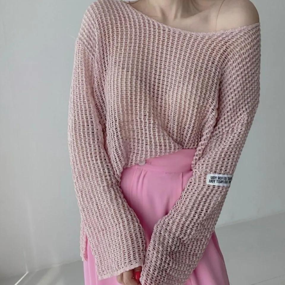 Knit Sweater Blouse Women's Summer Round Neck Pullover Loose Top Thin Hollow Sunscreen Argyle Sweater