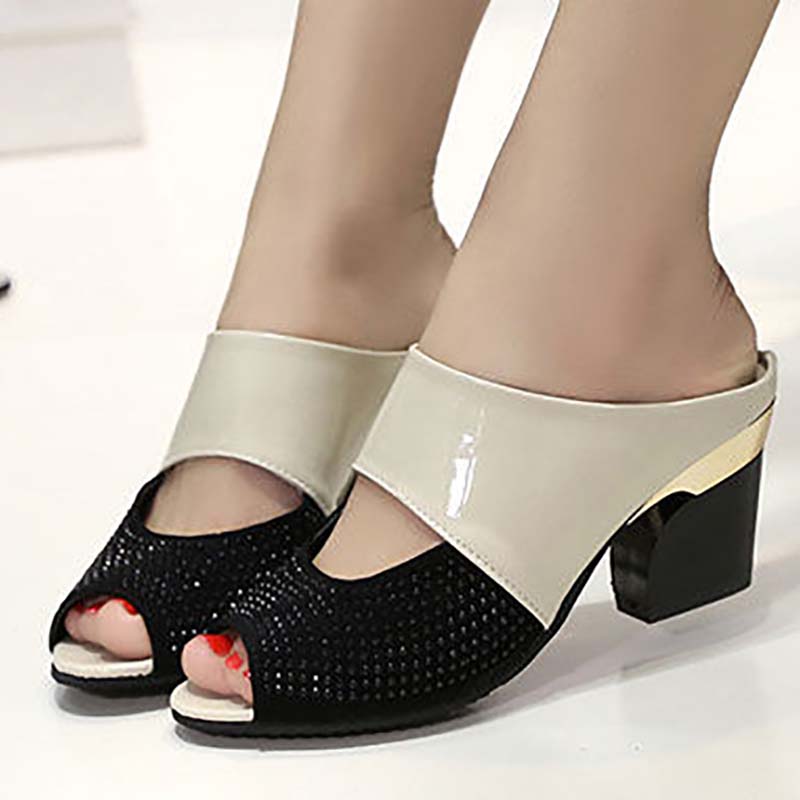 High Heel Slippers Women Summer Mid-heel Fish Mouth Slippers Thick Heel Sandals Patent Leather Rhinestone Women Sandals