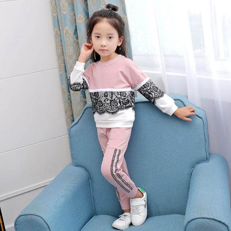 Children's Spring and Autumn 2-piece Sports Suit Korean Lace Stitching Top + Striped Letter Printed Trousers Set