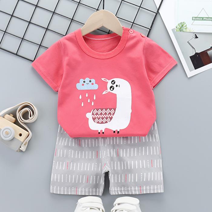 Children's Short Sleeve Suit Korean Style Boys and Girls Set Printing T-shirt + Shorts Two Piece Set