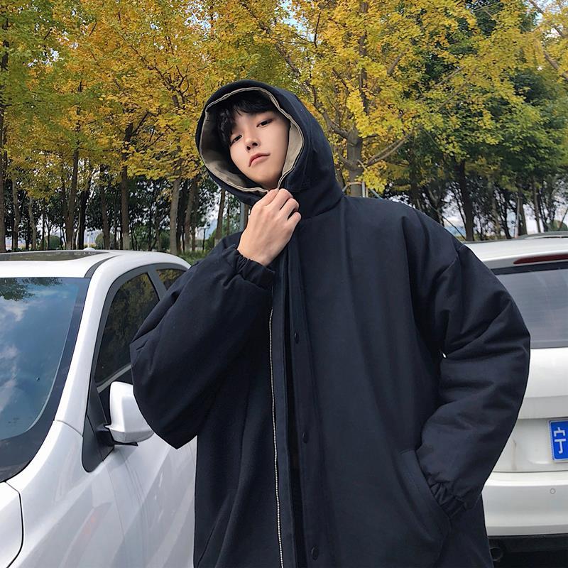 Winter Men's Mid-length Hooded Cotton-padded Jacket Korean Version of The Trend Ins Loose Wild Pure Color Thick Warm Cotton Jacket