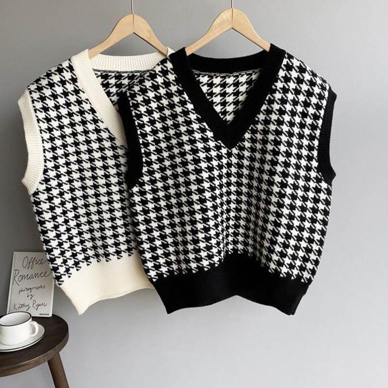 V-neck Knitted Vest Vest Female Houndstooth Korean Version Loose and Versatile Sleeveless Waistcoat Sweater Vest Jacket Outer Wear