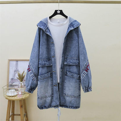 Mid-length Denim Jacket Women Loose All-match Large Size Loose Hooded Casual Denim Jacket Ladies Long-sleeved Jacket