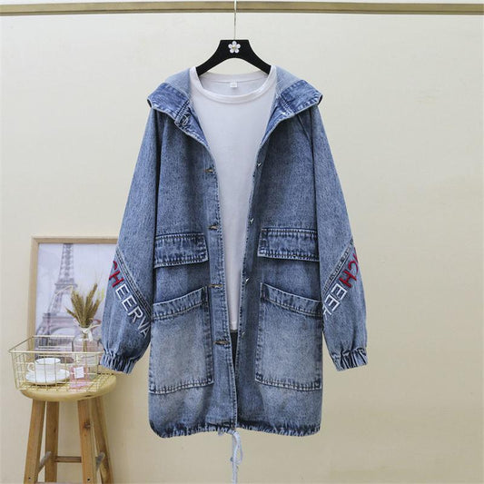 Mid-length Denim Jacket Women Loose All-match Large Size Loose Hooded Casual Denim Jacket Ladies Long-sleeved Jacket