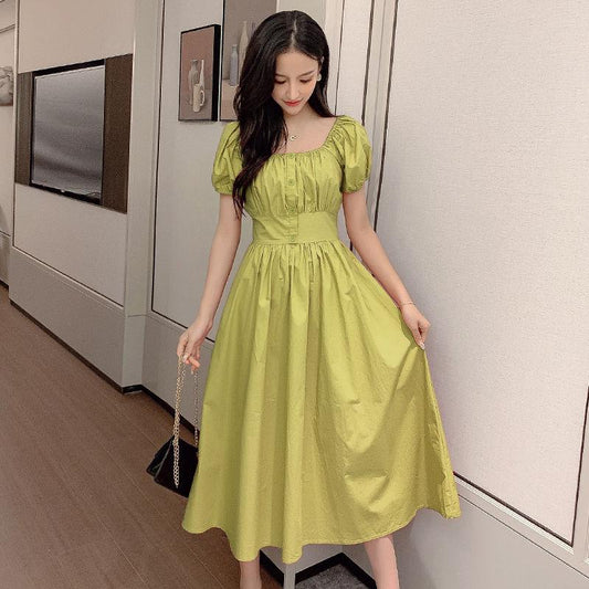 One-line Collar Strapless Dress Summer Sweet Temperament Small Fresh Mid-length A-line Skirt Waist Was Thin and Elegant Temperament Retro Style