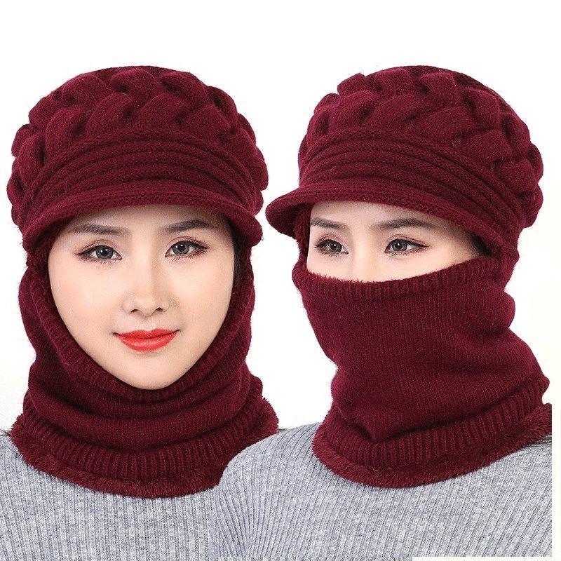 Women's Winter Windproof and Velvet Warm Knitted Woolen Cap Plush Pompon Cap Scarf Crochet Cap