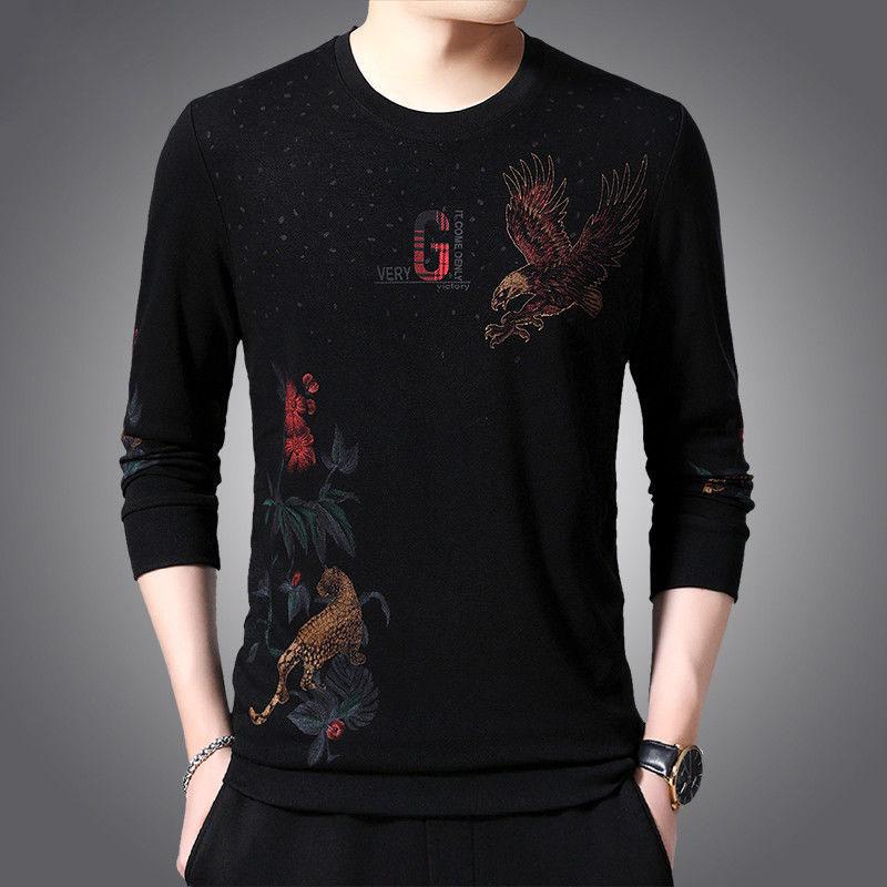 Autumn and Winter Long-sleeved T-shirt Men's Casual Round Neck Pullover All-match Printing Plus Velvet Thickening Base Sweater