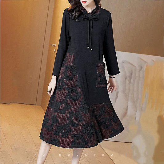 Women Turn-down Collar  Print Long Sleeve Dress Big Pocket Spring and Autumn Large Size Loose Mid-calf Dress Size L-XXXXXL