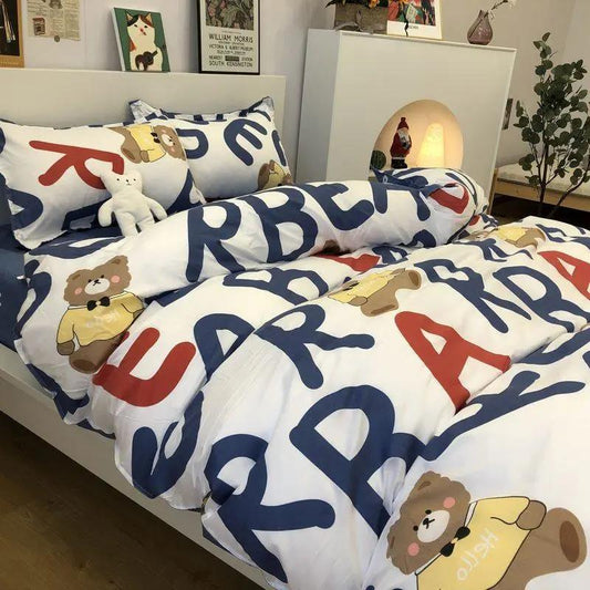 Cute Cartoon Autumn and Winter Four-piece Washable Quilt Cover Ins Wind Cartoon Comfortable Student Three-piece Bedding