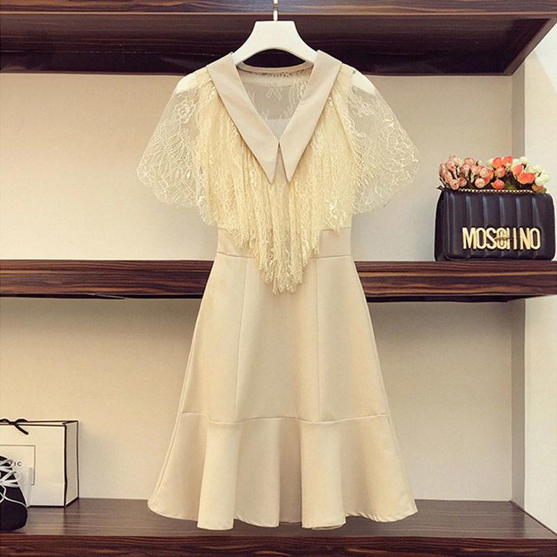 Women's Dress Large Size Summer Slim Lace Stitching Dress A-word Pleated Dress Elegant Party Dress