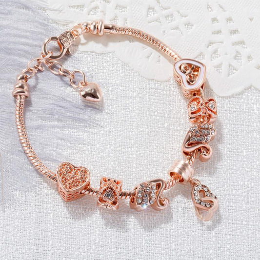 Fashion Rose Gold Heart-with-heart-shaped Bracelet Charm Bracelet Diy Beads Bracelet for Women Gift