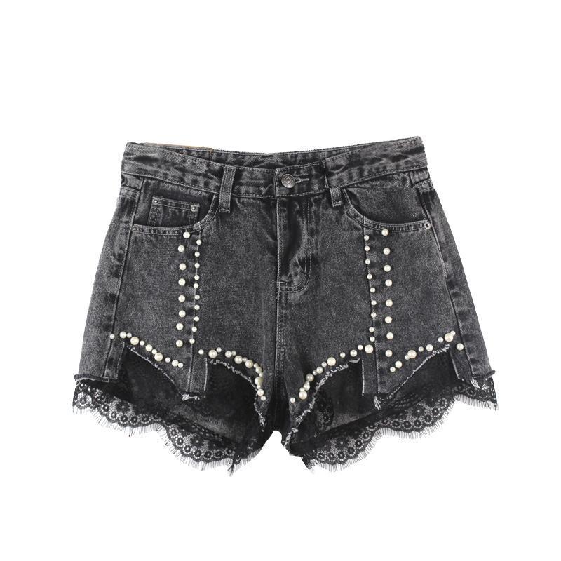 WTEMPO Denim Shorts Women High Waist Summer Thin Section Was Thin Hole Trousers Beaded Lace Wide Leg Pants