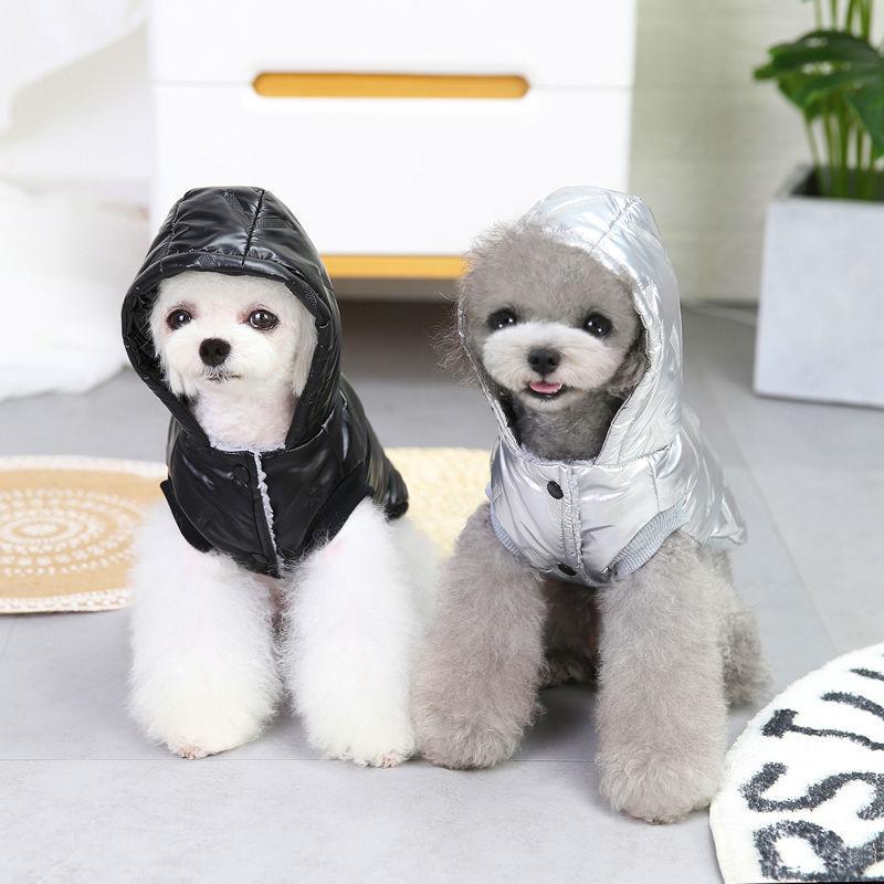 Dog's Clothes Winter Thicker PU Cotton Coat Teddy Bichon Pet Winter Warm Clothing Plus Velvet Hooded Coat 2 Legged Rompers Solid Thick Jacket Coats