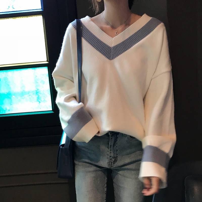 Winter Sweater Female Stripe V-neck Sweater Loose Lazy Wind Sweater College Wind Bottoming Shirt