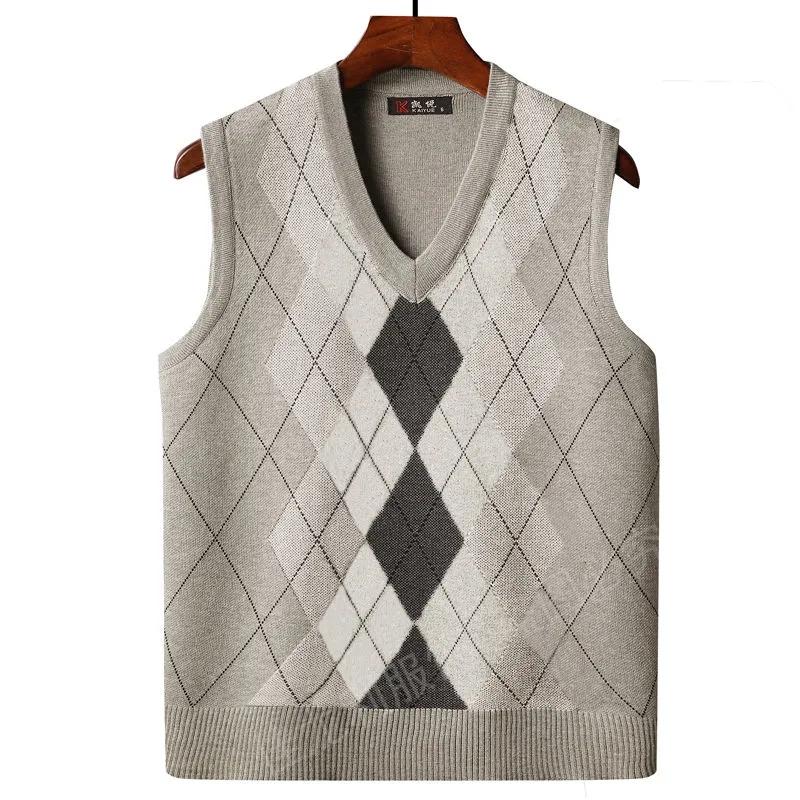 Autumn and Winter Vest Men's V-neck Sleeveless Knitted Sweater Vest Middle-aged and Elderly Dad Warm Vest Men's Top