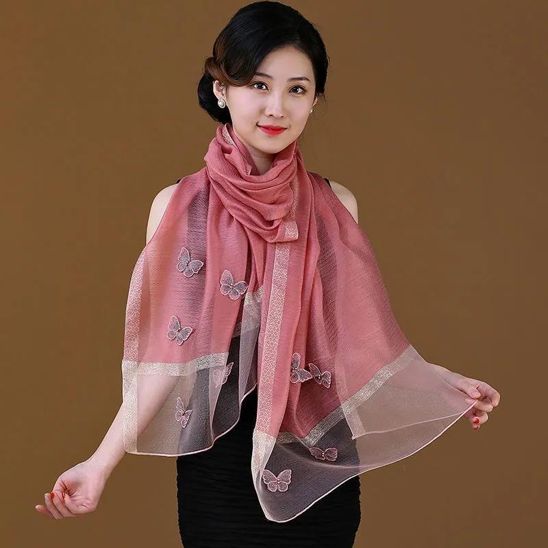 Women's Silk Scarf Mulberry Silk Scarves Autumn Winter Warm Butterfly Embroidery Shawl Long Mother Scarf Female Neck Collar Wrap Shawl Neckerchief