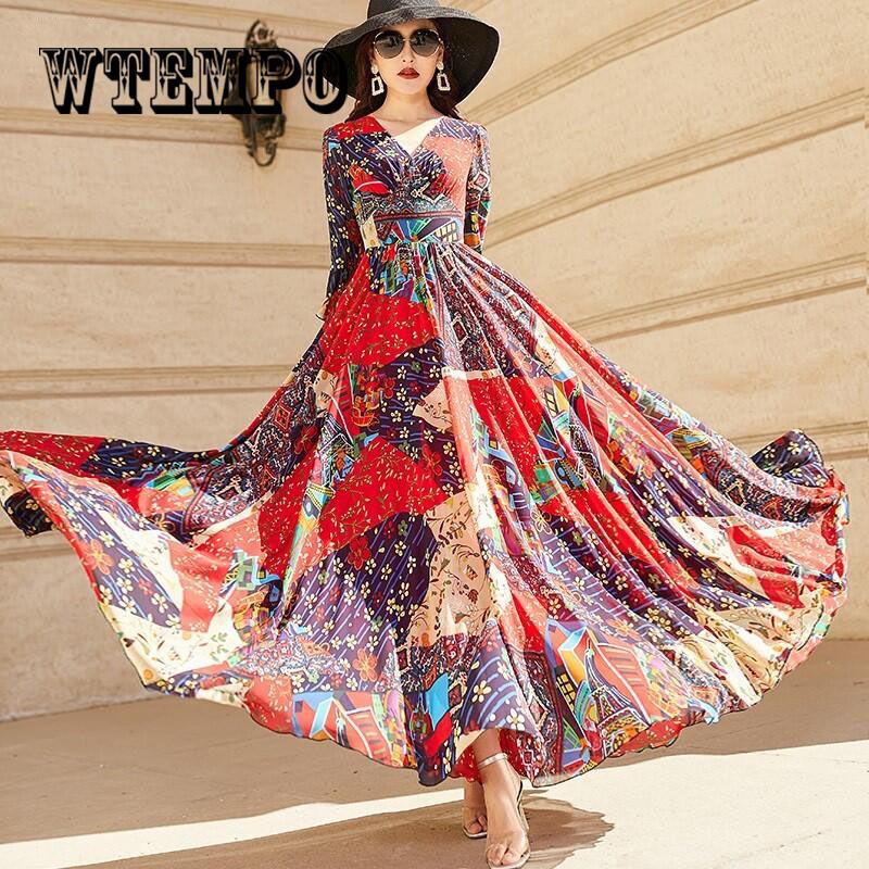 Women's Chiffon Short Sleeve Off-Shoulder Boho Beach Print Dress Vestido Women Casual Dress