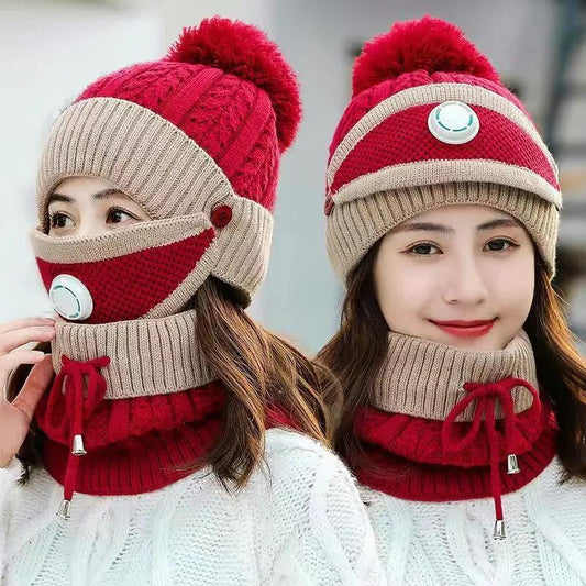 Three-in-one Winter Women's One-piece Hat Plus Velvet Warm Cotton Mask Hat Woolen Cap Baotou Bib