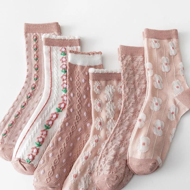 4 Pairs Women's Pink Socks Japanese Sweet Three-dimensional Jacquard Medium High Tube Stocking Spring Autumn Winter Comfortable Elastic Socks