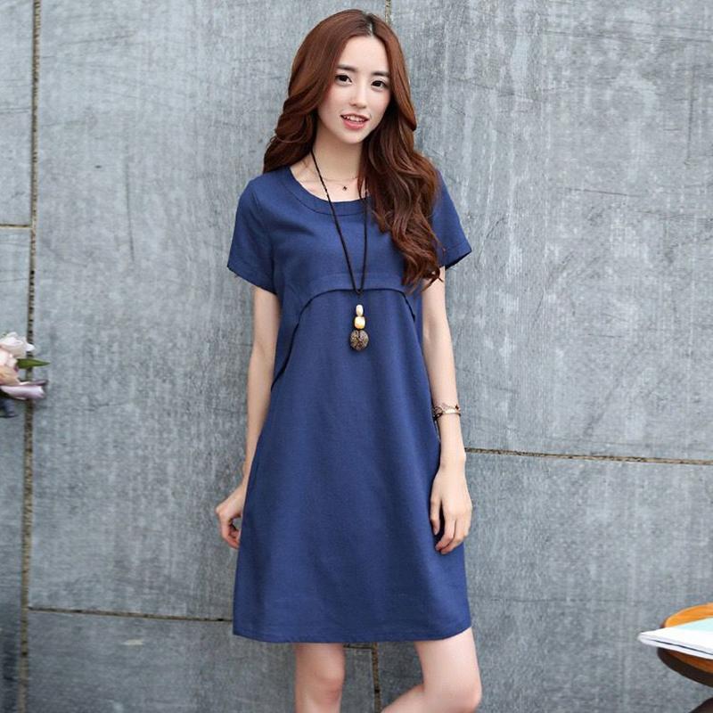 Summer Mid-length Casual Cotton and Linen Round Neck Short-sleeved Skirt Loose Slim Slimming Dress Women's Casual Simple Dress