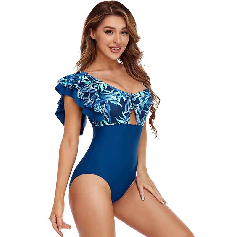 Splicing One Piece Swimsuit Feminine Fashion One Shoulder Lotus Leaf Beachwear Backless Swimsuit