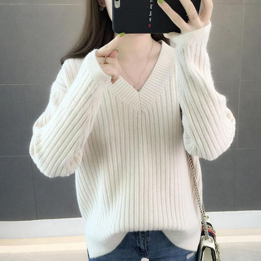 Autumn and Winter V-neck Short Bottoming Sweater Women Loose Pullover Sweater All-match Warm Top Women's Solid Color Sweater