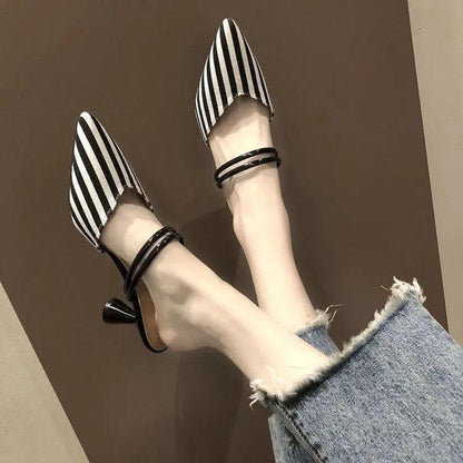 Baotou Half Slippers Women's Summer Fashion Outer Wear Striped Versatile Slippers Two Wear Pointed Toe High Heels Thick Heels Fitting Shoes Trend