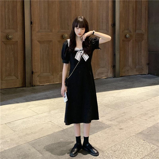 Female Simple Thin Bow Tie Tie High Waist Platycodon Grandiflorum Elegant Bubble Sleeve Dress