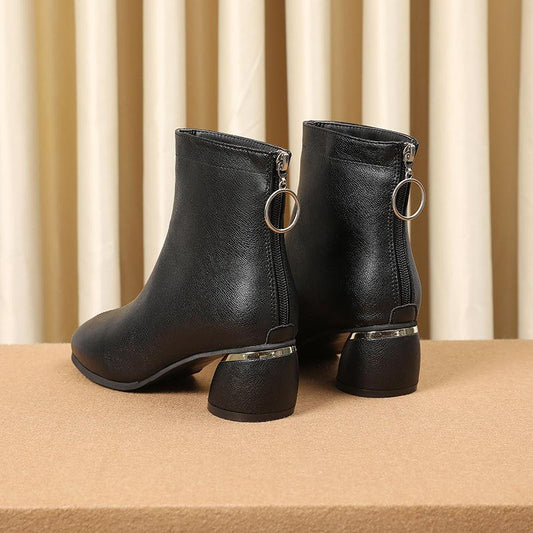 Women's Shoes Autumn and Winter Plus Velvet All-match Thick with Round Toe Half Tube Martin Boots Leather Boots