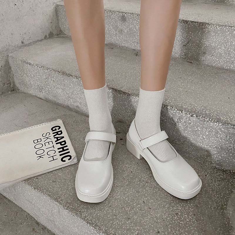 White Square Toe Thick Heel Mary Jane Shoes Female Summer Jk Platform Platform Mid-heel Small Leather Shoes Single Shoes