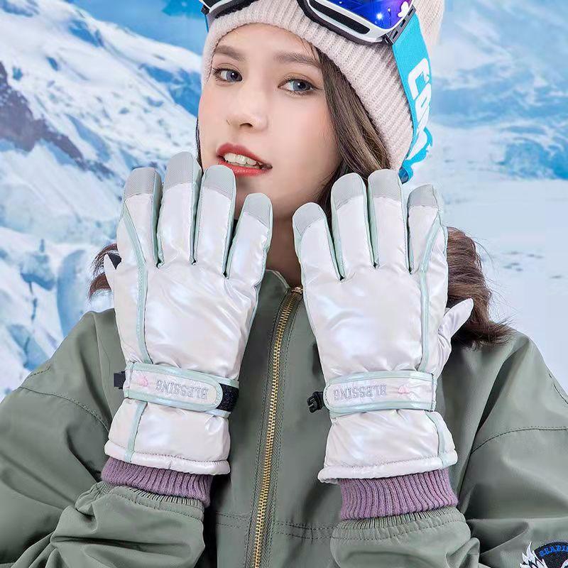 Women's Warm Ski Gloves Windproof Cold Resistant Gloves Plus Velvet Thick Cotton Girls Touch Screen Waterproof Riding Gloves Outdoor Sports Gloves