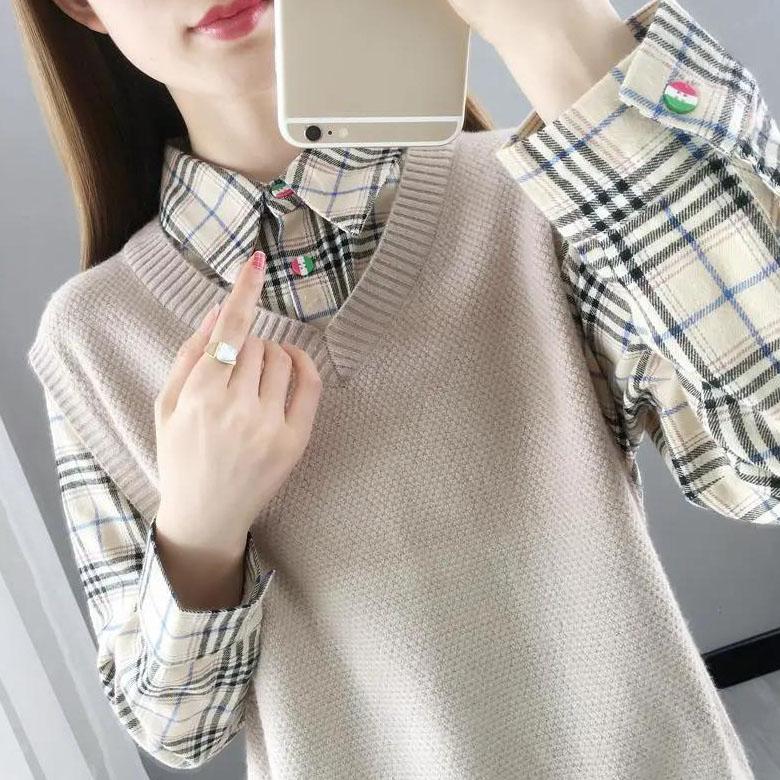 Women's Waistcoat Patchwork Knitted Tops Spring and Autumn Lapel Neck Large Size Tops Loose Casual Knitted Pullover