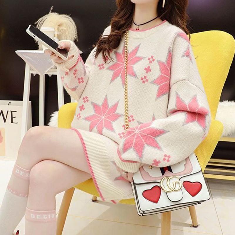 Autumn Winter  Women Fashion Sweater Casual Knitting Sweater Mid-length Round Neck Pullovers Loose Casual Long Sleeve Sweater