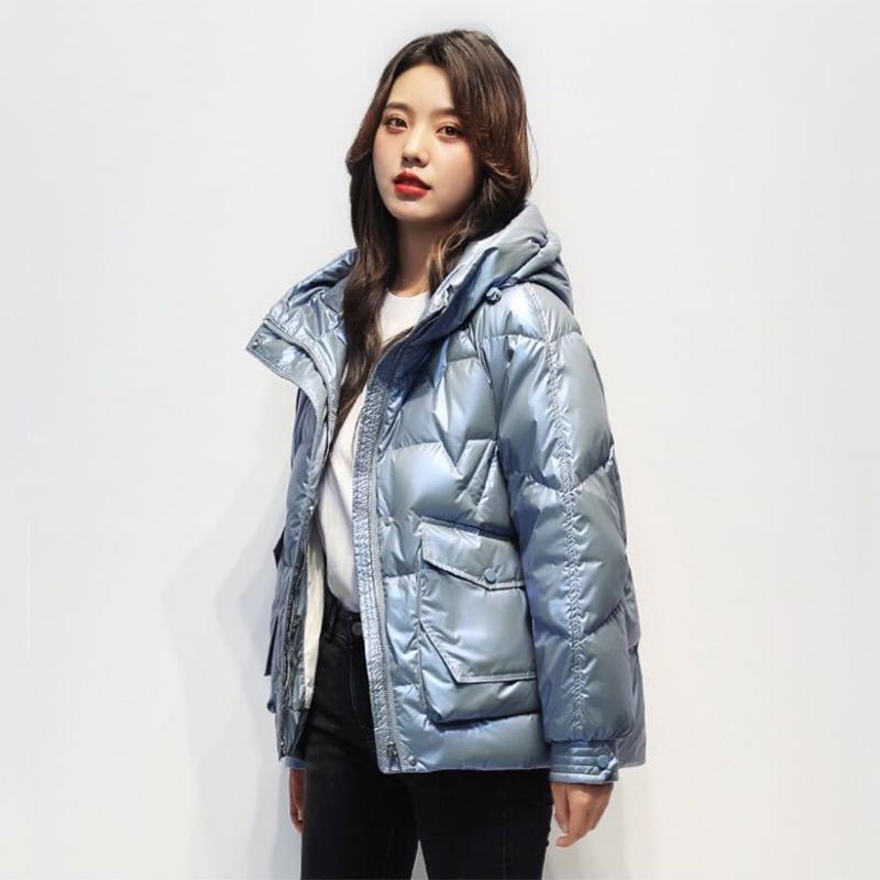 Women's Shiny Short Down Jacket Winter Korean Style Loose Quilted Jacket Casual Hooded Padded Jacket