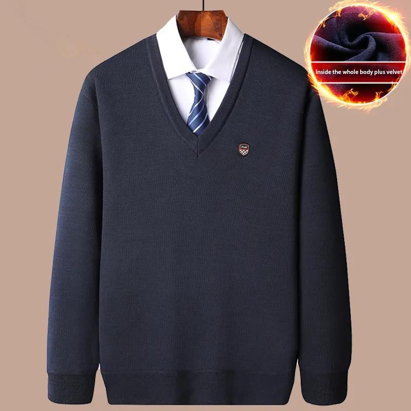 Autumn and Winter Sweaters Plus Velvet Thick Warm Pullover Sweater V-neck Top Suitable for Middle-aged and Elderly Men