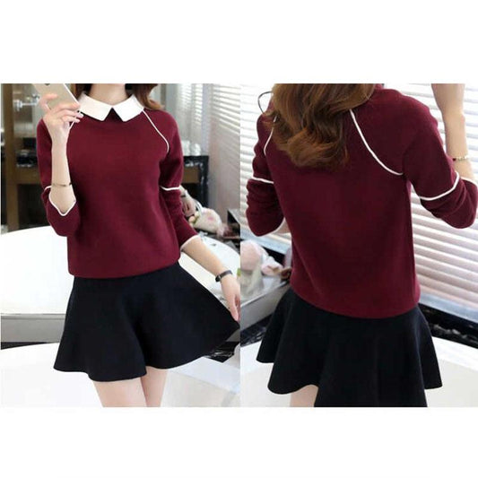 Autumn and Winter Loose Top Cute Doll Collar Knitted Sweater Fashion Simple Women's Bottoming Shirt