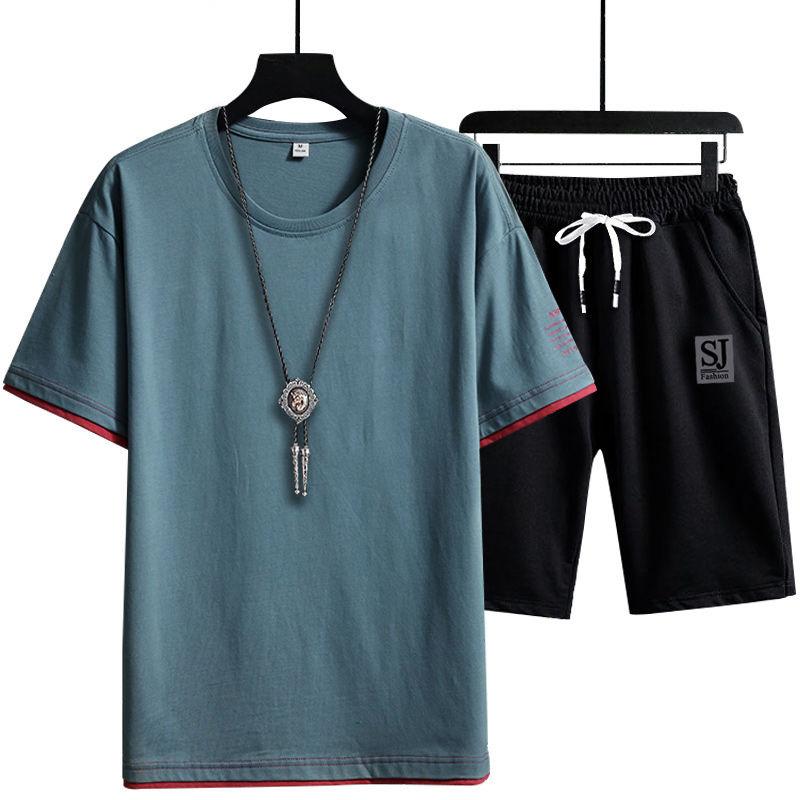 Cotton Sports Suit Men's T-shirt Short-sleeved Shorts Suit Top Clothes Men's Trendy Brand Casual Suit Summer