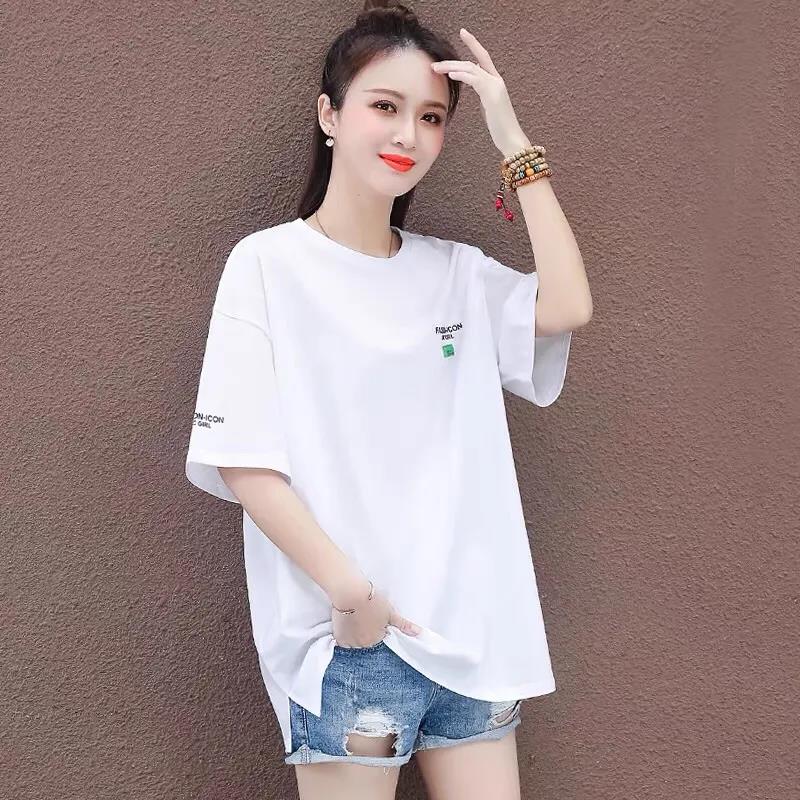 Pure Cotton Large Size White T-shirt Ladies Split Short-sleeved Loose Summer Dress Fat Girls All-match Top